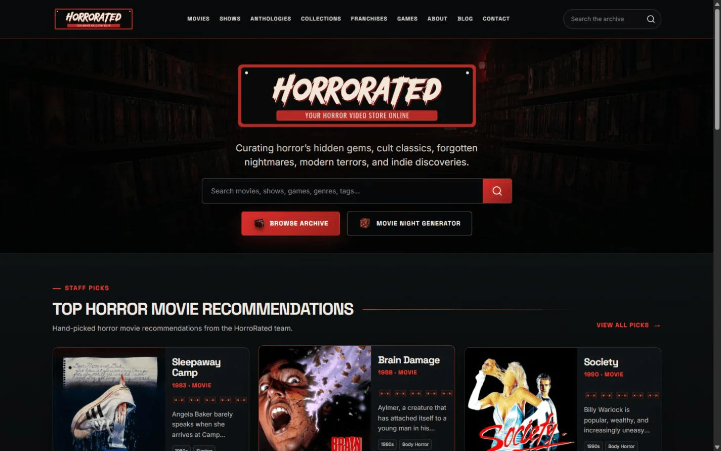 HorroRated homepage with archive search, browse and Movie Night Generator actions, followed by editorial picks