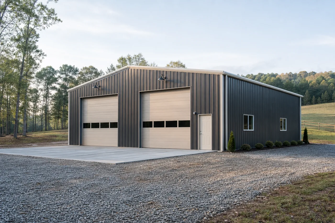 Charcoal metal workshop with two equipment bays on a rural property