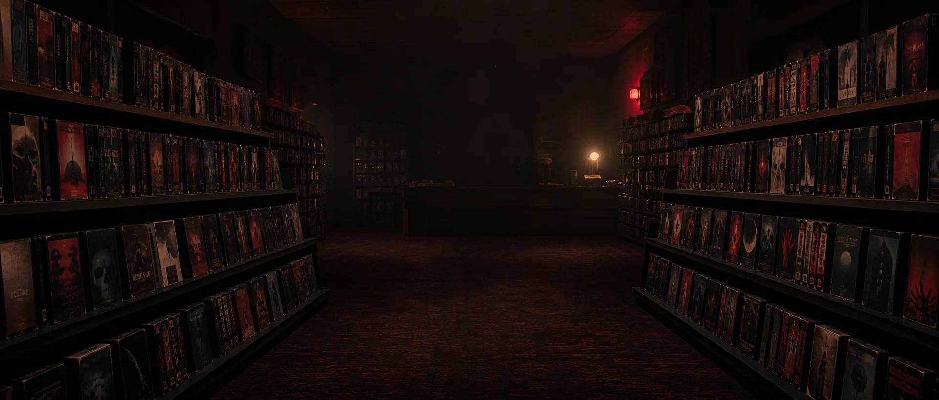 Dark video archive aisle artwork from the HorroRated website