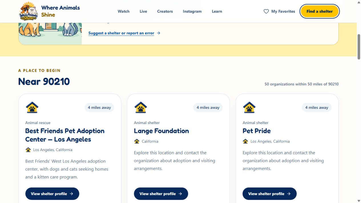 Shelter-directory results near ZIP code 90210, with organization cards and links to individual profiles