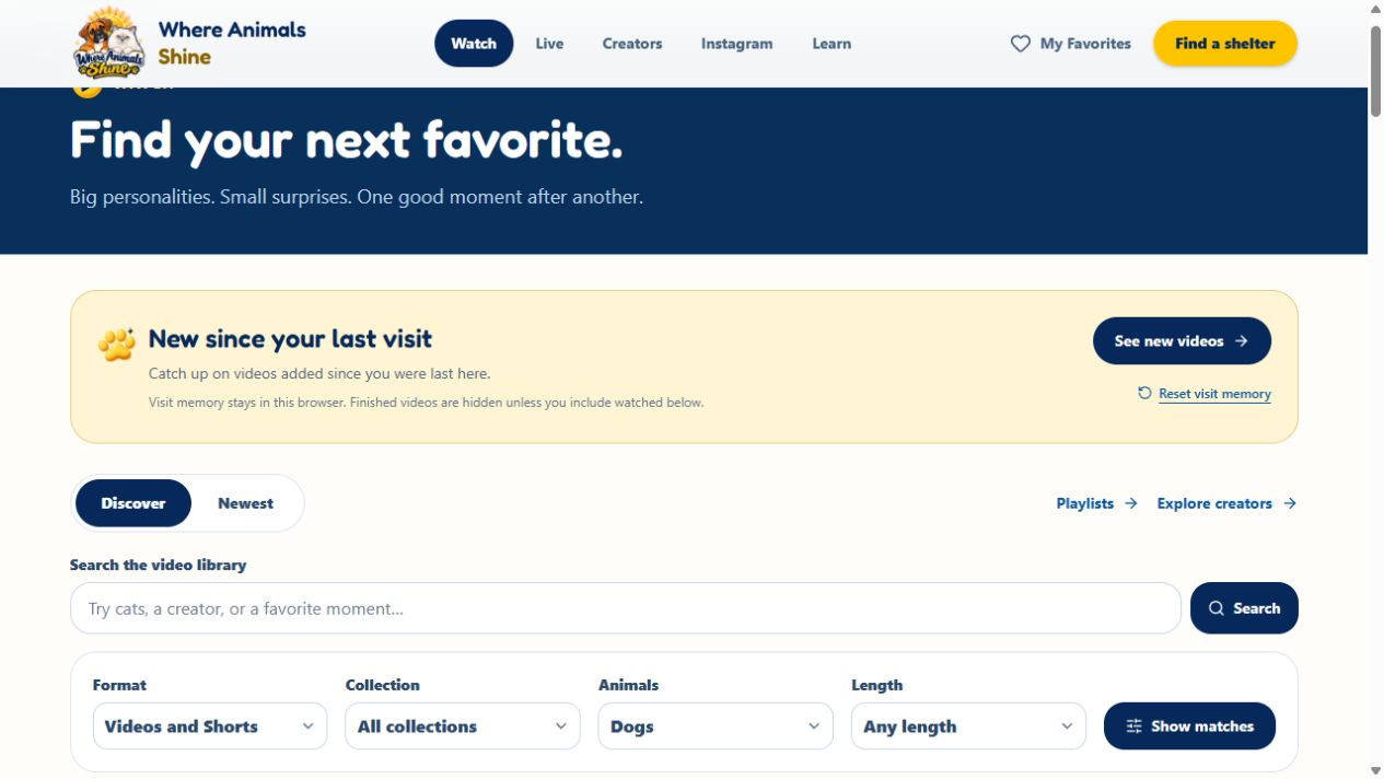 Video-library search and filters on Where Animals Shine, with Dogs selected
